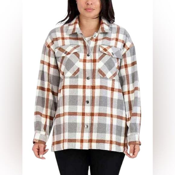 HFX Gray & Brown Plaid Shacket  Relaxed Fit Front Snap Closure Women's Size Med - Picture 1 of 13